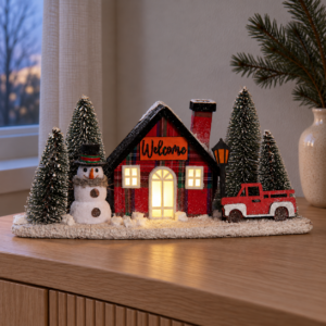 Casita Navideña con Muñeco de Nieve y Camioneta Roja – 38cm