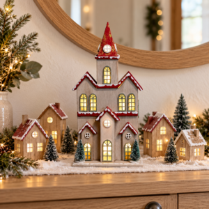 Casa Navideña de Madera LED - Iglesia Decorativa con Luz 28cm | Estilo Rústico Nevado