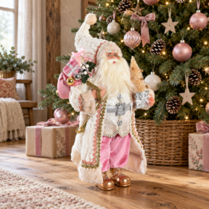 Papá Noel Elegante Poliéster (47 cm) | Tonos Blancos y Rosas