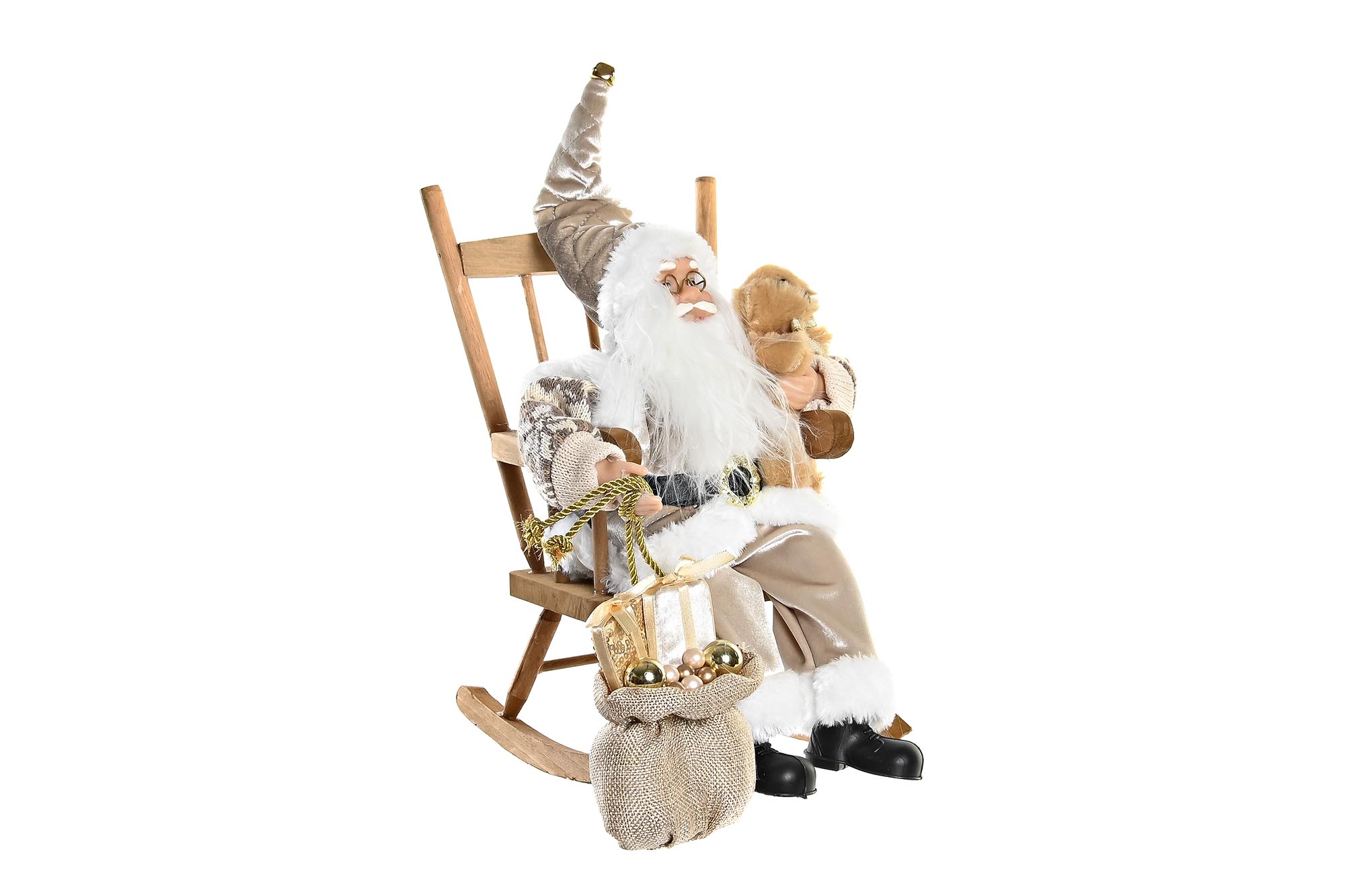 Figura de Papá Noel Sentado en Mecedora con Traje de Lujo Dorado y Saco de Regalos - Imagen 4