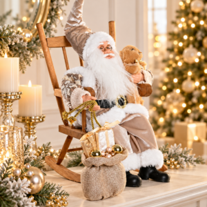 Figura de Papá Noel Sentado en Mecedora con Traje de Lujo Dorado y Saco de Regalos