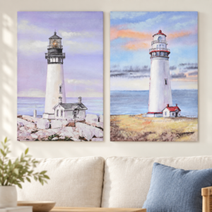 Cuadro de faro en lienzo 60 × 90 cm con acabado pintado a mano – Estilo marinero