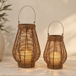 Farol decorativo de ratán sintético con vela LED – 2 tamaños