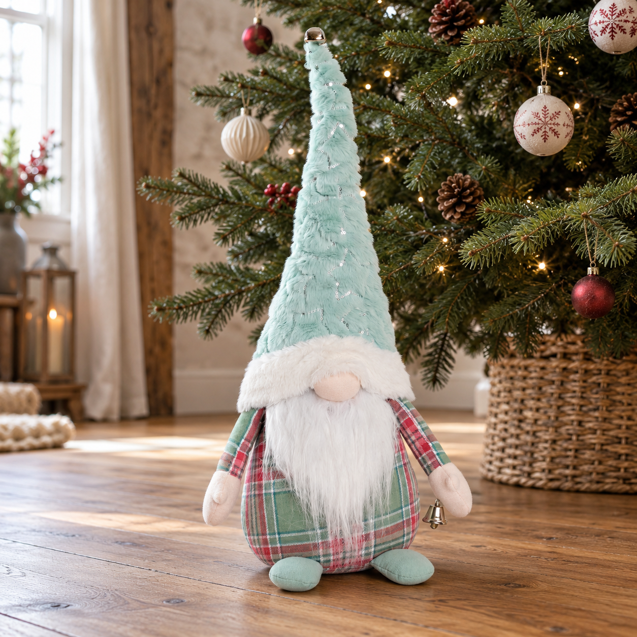 Gnomo de Navidad de peluche turquesa, 53 cm