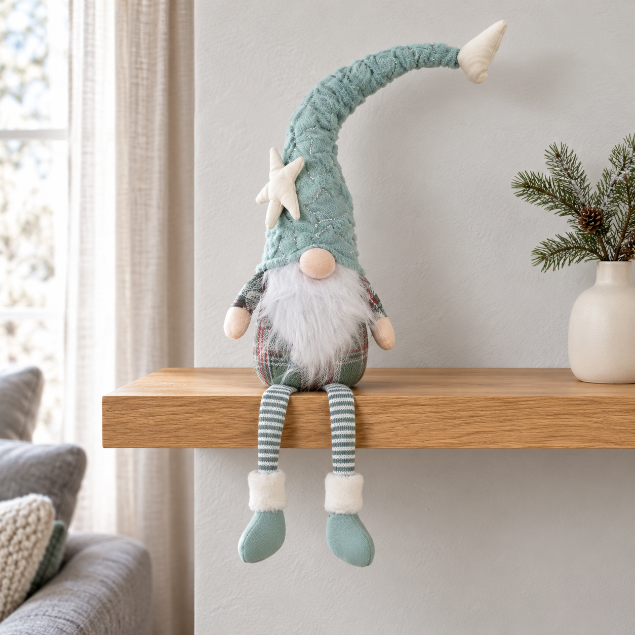 Gnomo de Navidad verde menta de patas largas