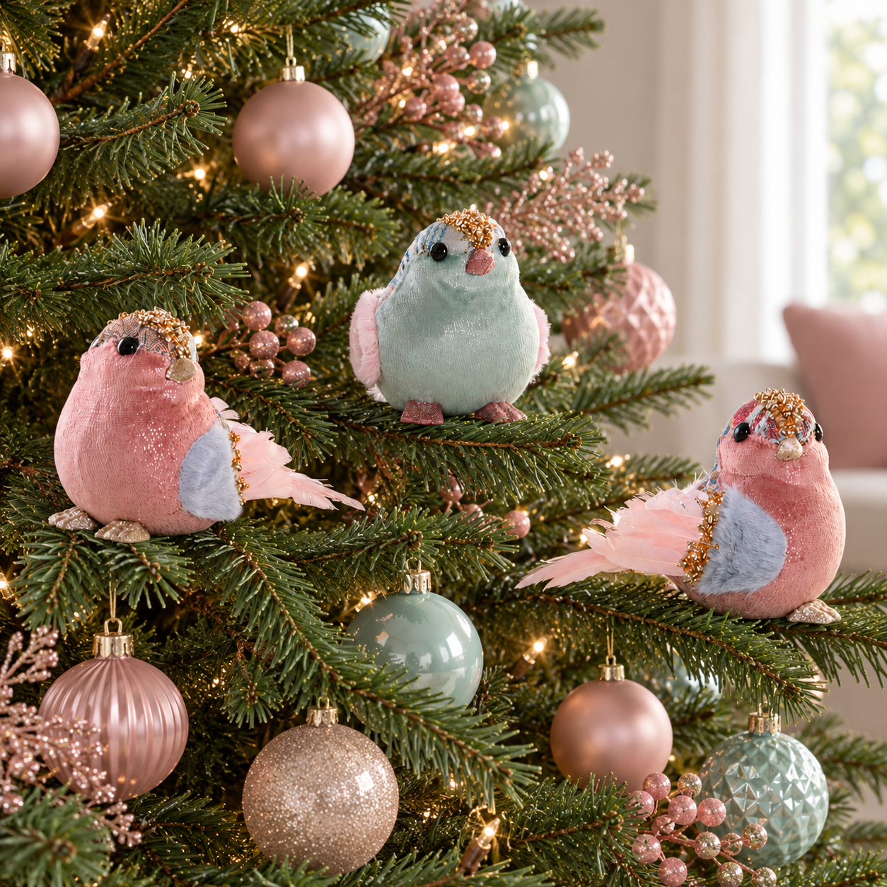 Set de 3 pájaros de Navidad en tonos pastel (rosa y turquesa) - Imagen 2