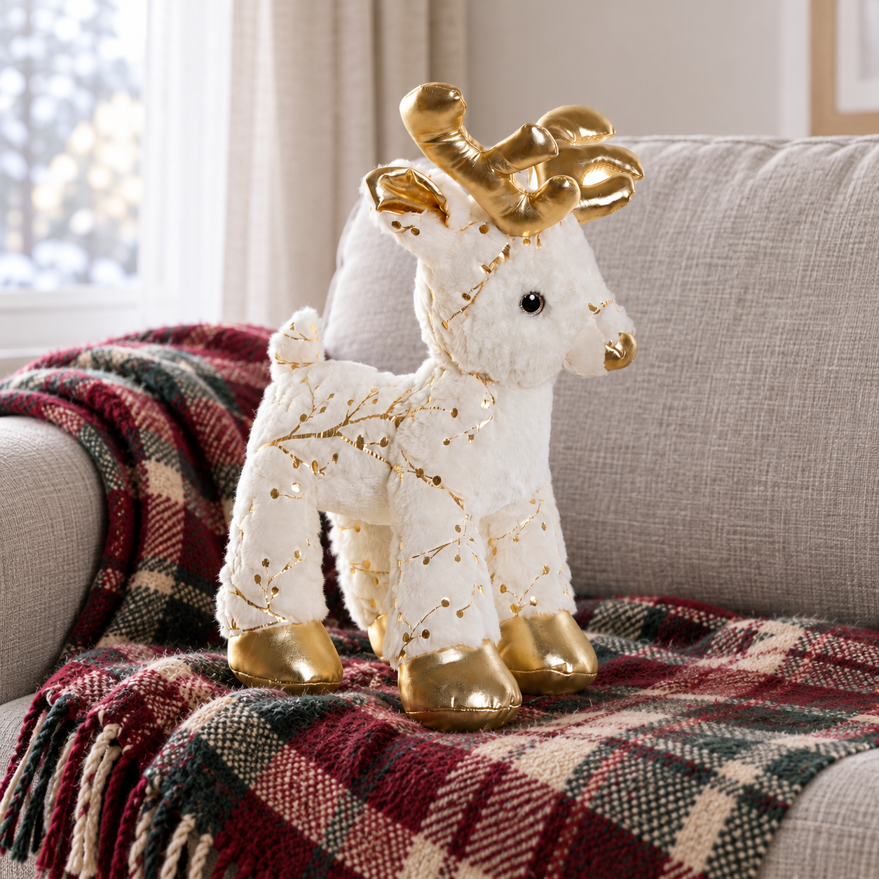 Reno de Navidad de peluche blanco y dorado, 38 cm
