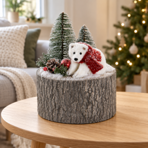 Oso polar navideño con árboles nevados