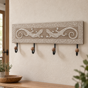 Perchero de pared con salamandras y 4 ganchos – 47 cm