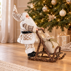 Papá Noel champagne con trineo de madera – 48 cm